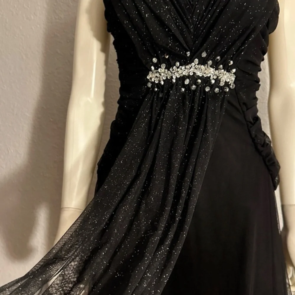 NWT A-Line Formal Maxi Dress‎ Sleeveless V-Neck Tulle Beaded Evening Gown Black